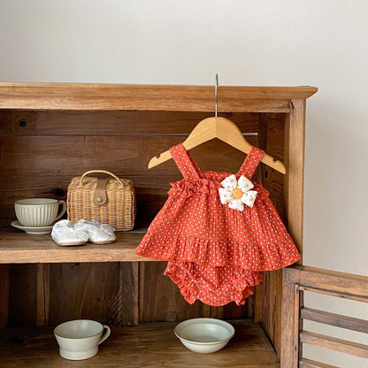 ノースリーブセットアップ ピンドットフラワーアクセントキャミソールトップス+ブルマパンツセットアップ 2点セット【mh0010165】