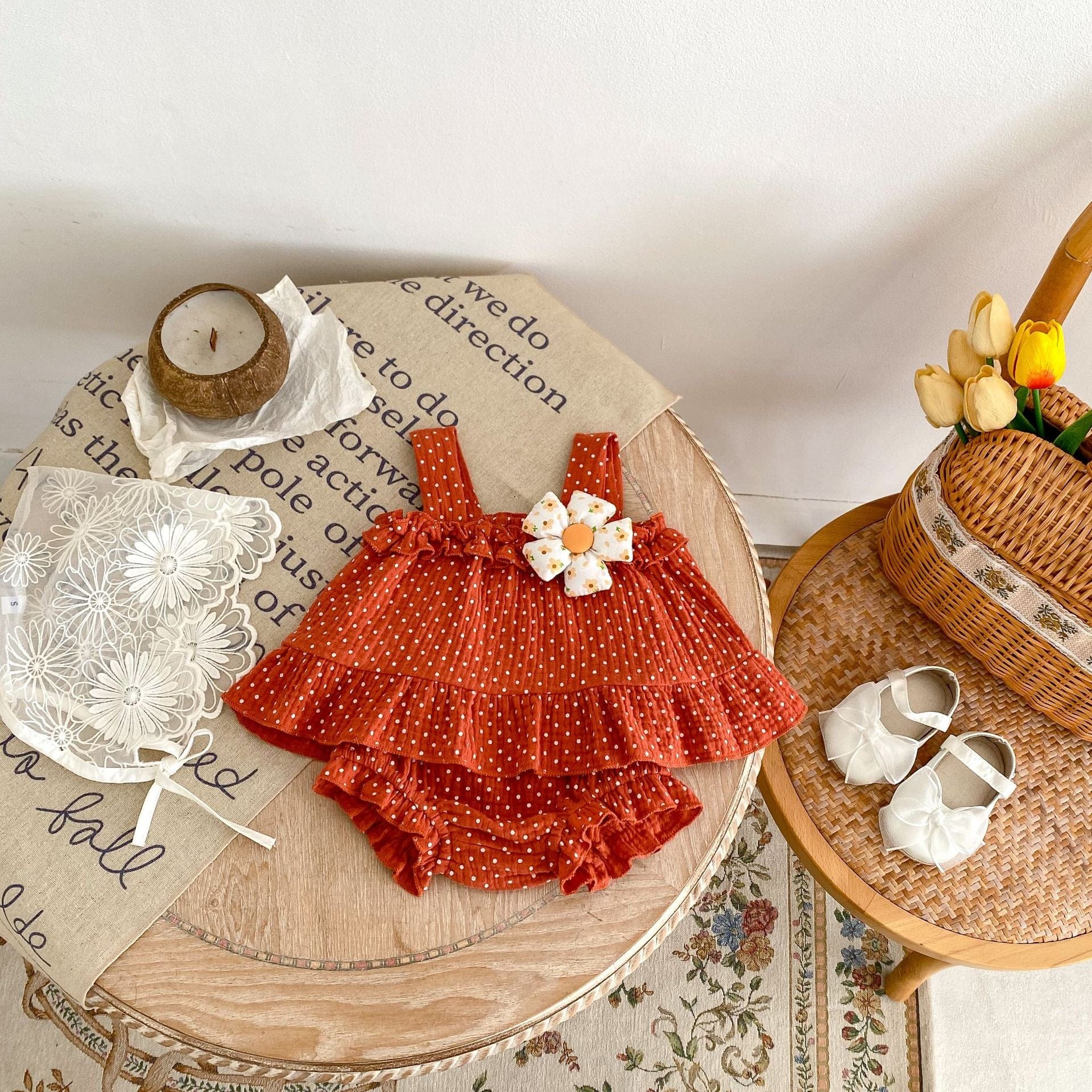 ノースリーブセットアップ ピンドットフラワーアクセントキャミソールトップス+ブルマパンツセットアップ 2点セット【mh0010165】