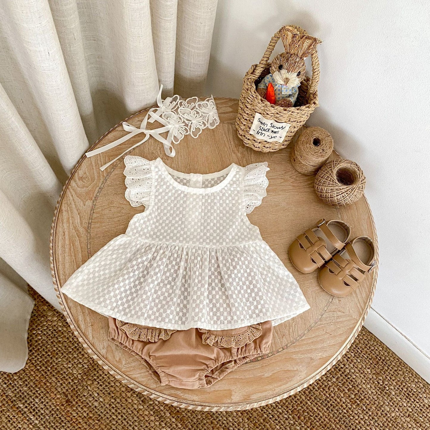 半袖セットアップ チェックフリルスリーブブラウス+レースフリルブルマパンツセットアップ 2点セット【mh0010167】