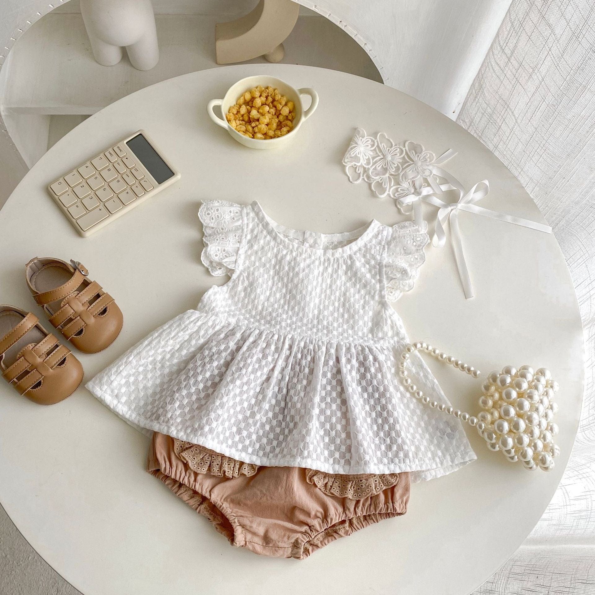 半袖セットアップ チェックフリルスリーブブラウス+レースフリルブルマパンツセットアップ 2点セット【mh0010167】