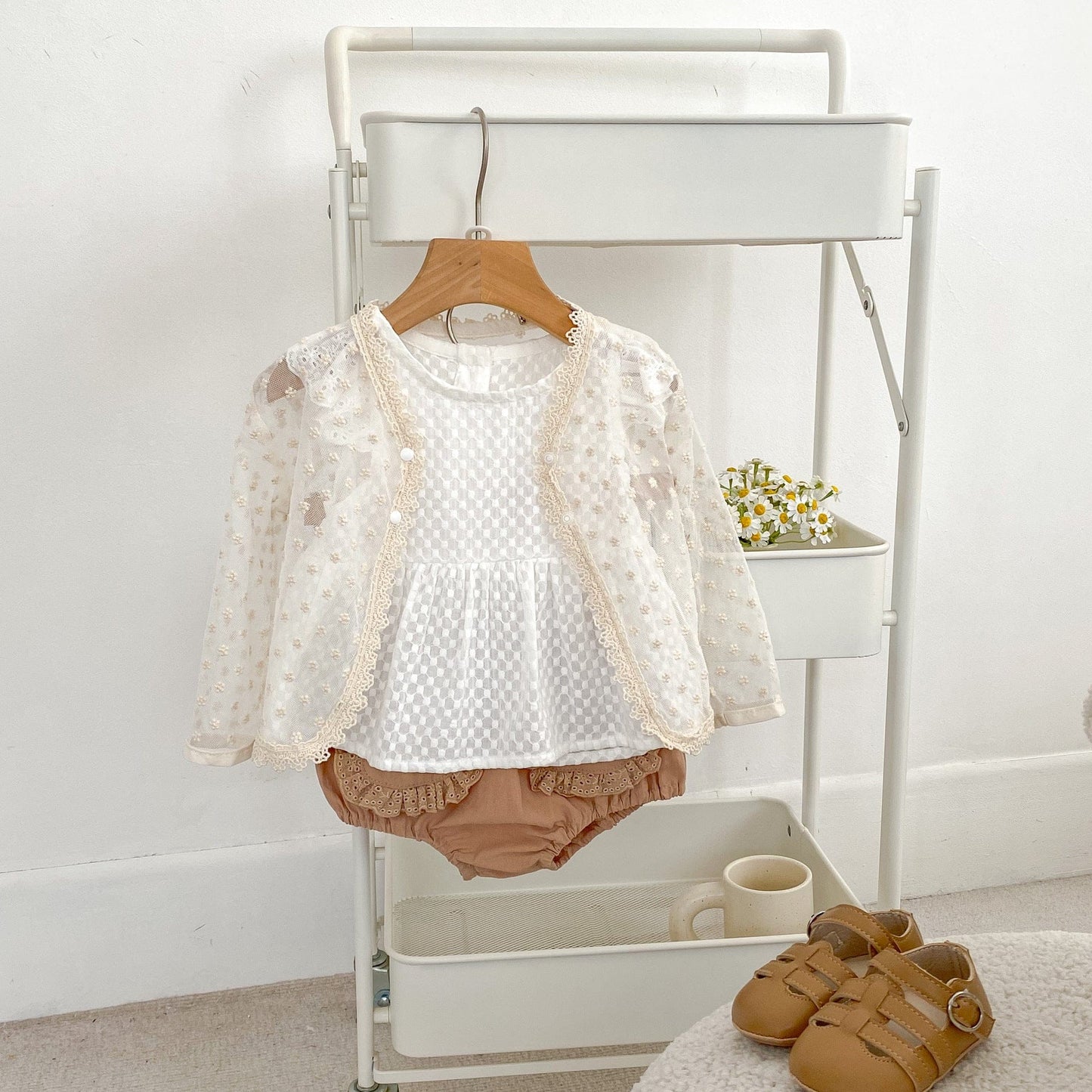 半袖セットアップ チェックフリルスリーブブラウス+レースフリルブルマパンツセットアップ 2点セット【mh0010167】