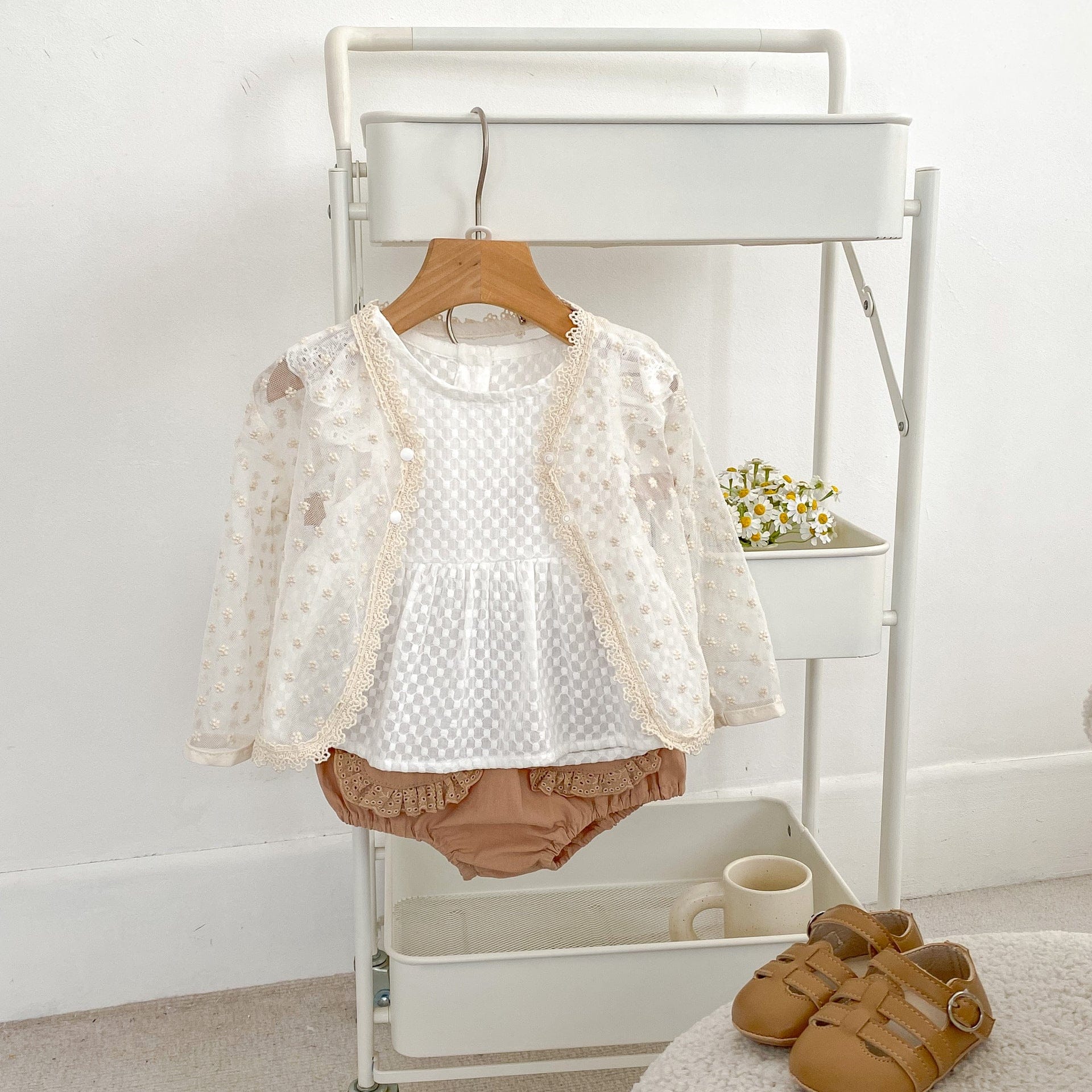 半袖セットアップ チェックフリルスリーブブラウス+レースフリルブルマパンツセットアップ 2点セット【mh0010167】