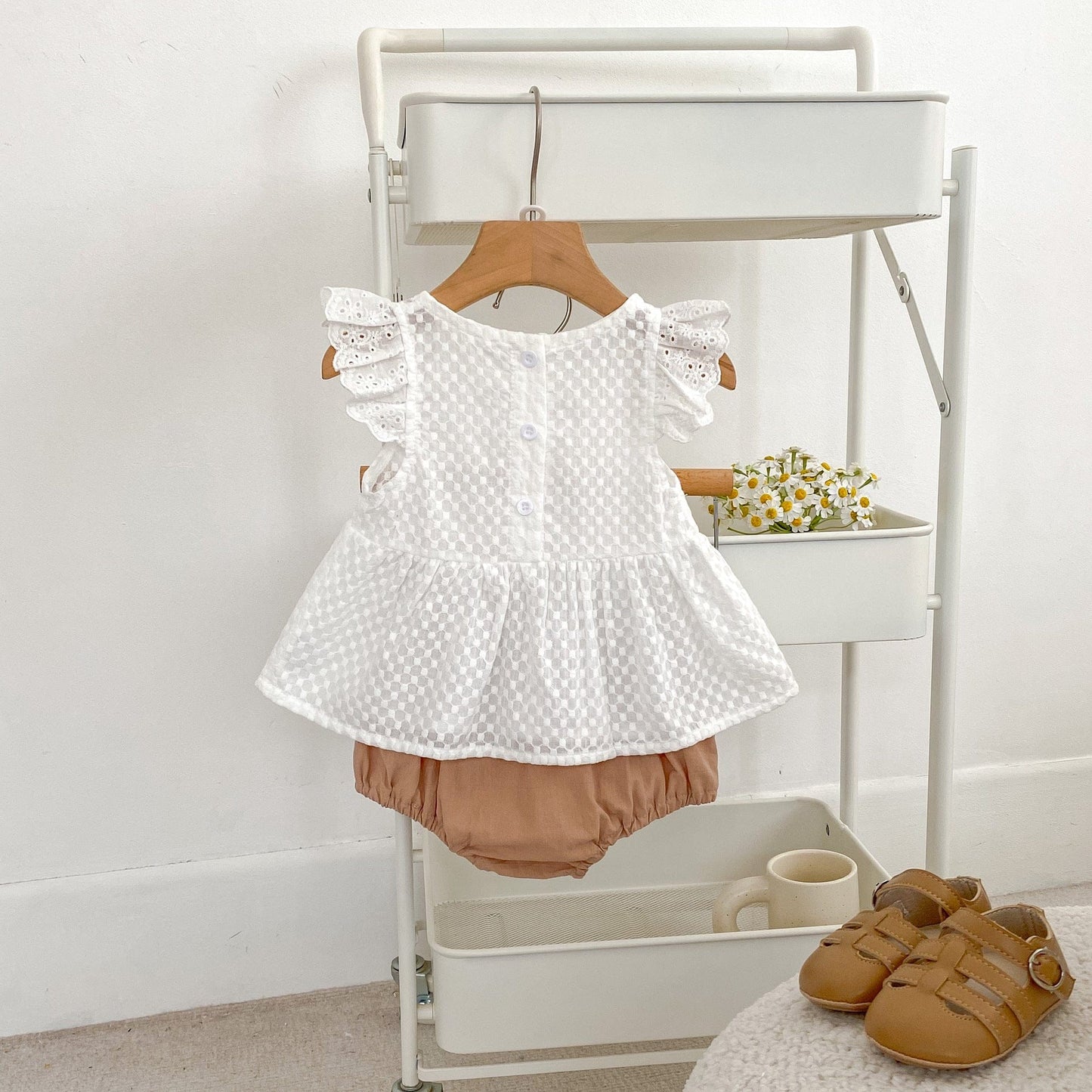 半袖セットアップ チェックフリルスリーブブラウス+レースフリルブルマパンツセットアップ 2点セット【mh0010167】