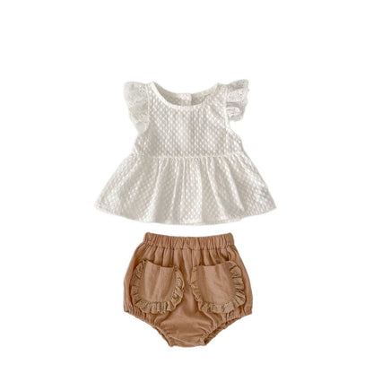 半袖セットアップ チェックフリルスリーブブラウス+レースフリルブルマパンツセットアップ 2点セット【mh0010167】