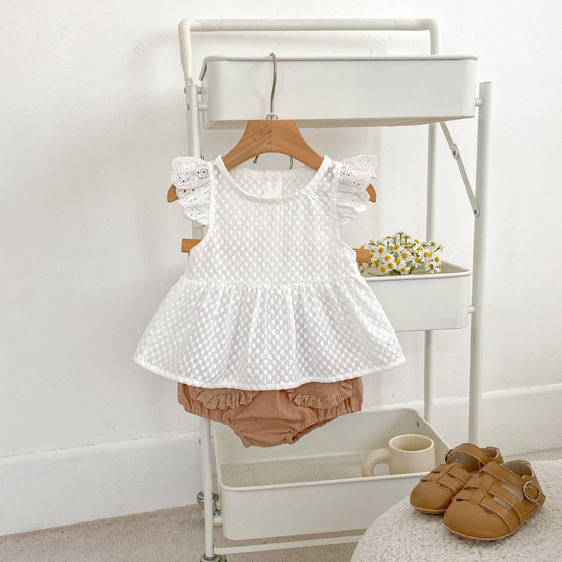 半袖セットアップ チェックフリルスリーブブラウス+レースフリルブルマパンツセットアップ 2点セット【mh0010167】