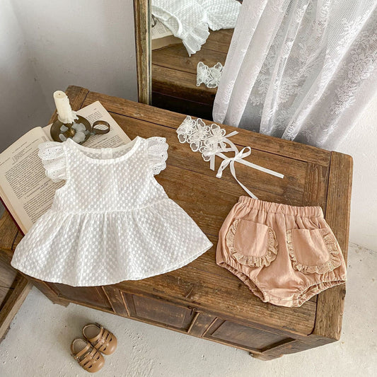 半袖セットアップ チェックフリルスリーブブラウス+レースフリルブルマパンツセットアップ 2点セット【mh0010167】