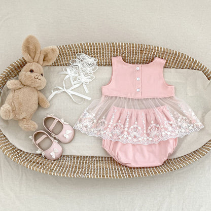 ノースリーブセットアップ チュールレースドッキングノースリーブブラウス+ブルマパンツセットアップ 2点セット【mh0010173】