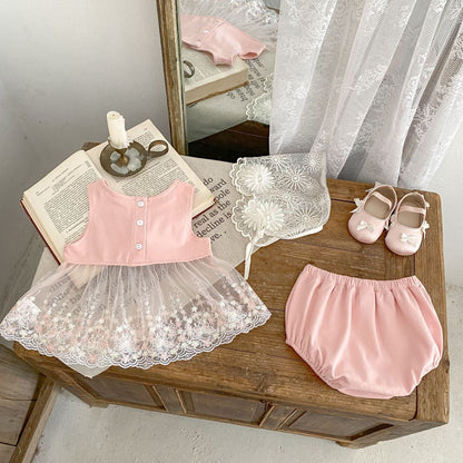 ノースリーブセットアップ チュールレースドッキングノースリーブブラウス+ブルマパンツセットアップ 2点セット【mh0010173】