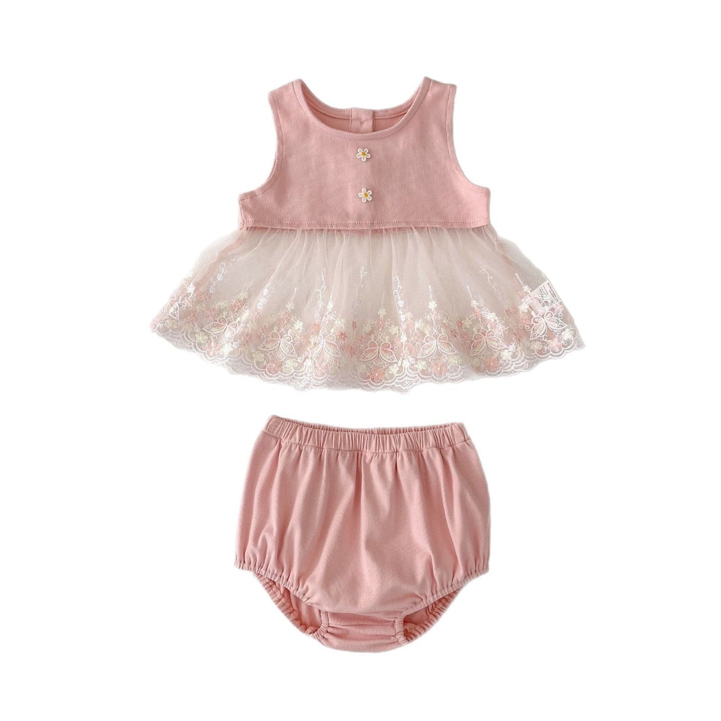 ノースリーブセットアップ チュールレースドッキングノースリーブブラウス+ブルマパンツセットアップ 2点セット【mh0010173】