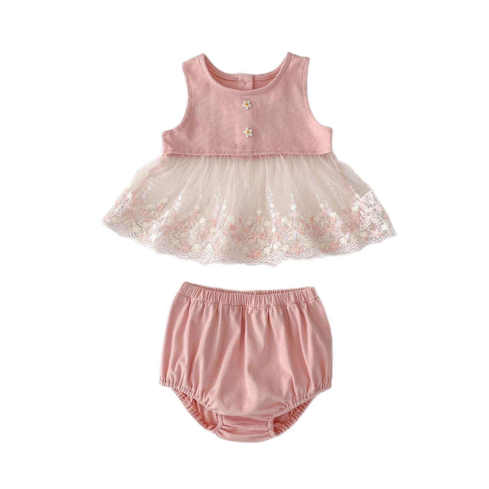 ノースリーブセットアップ チュールレースドッキングノースリーブブラウス+ブルマパンツセットアップ 2点セット【mh0010173】