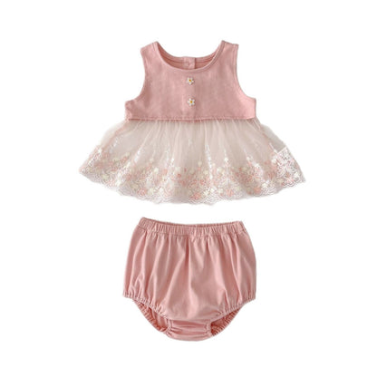 ノースリーブセットアップ チュールレースドッキングノースリーブブラウス+ブルマパンツセットアップ 2点セット【mh0010173】