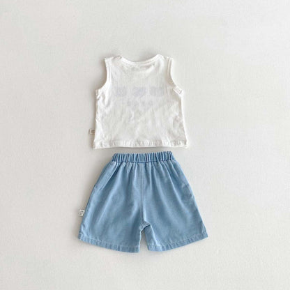 ノースリーブセットアップ ベアくまプリントタンクトップ+ショートパンツセットアップ 2点セット【mh0010319】