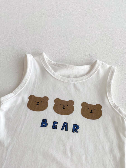 ノースリーブセットアップ ベアくまプリントタンクトップ+ショートパンツセットアップ 2点セット【mh0010319】