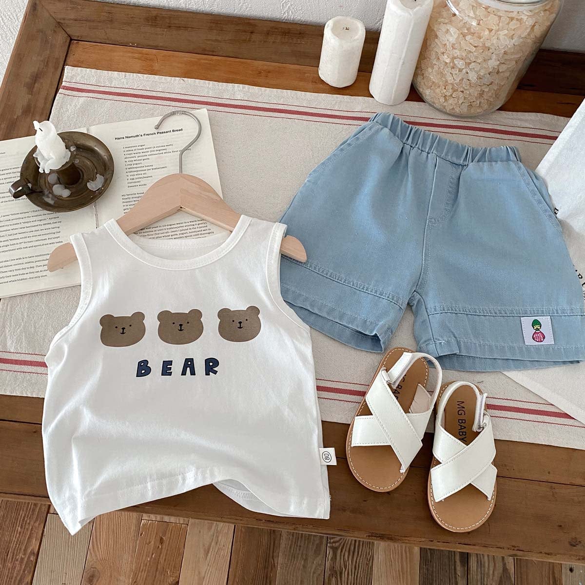 ノースリーブセットアップ ベアくまプリントタンクトップ+ショートパンツセットアップ 2点セット【mh0010319】