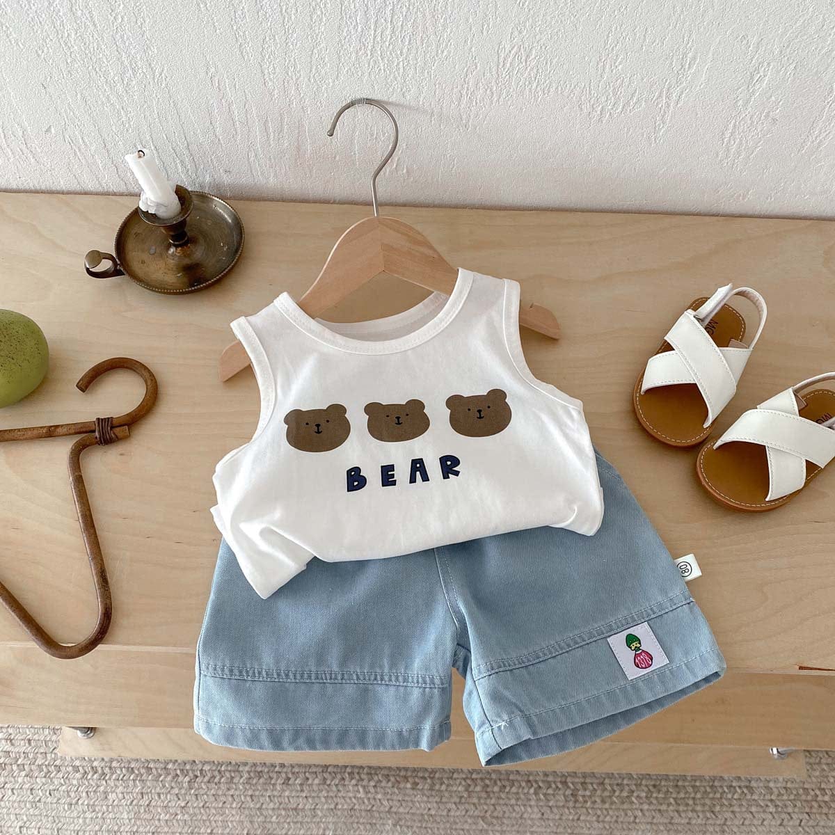 ノースリーブセットアップ ベアくまプリントタンクトップ+ショートパンツセットアップ 2点セット【mh0010319】