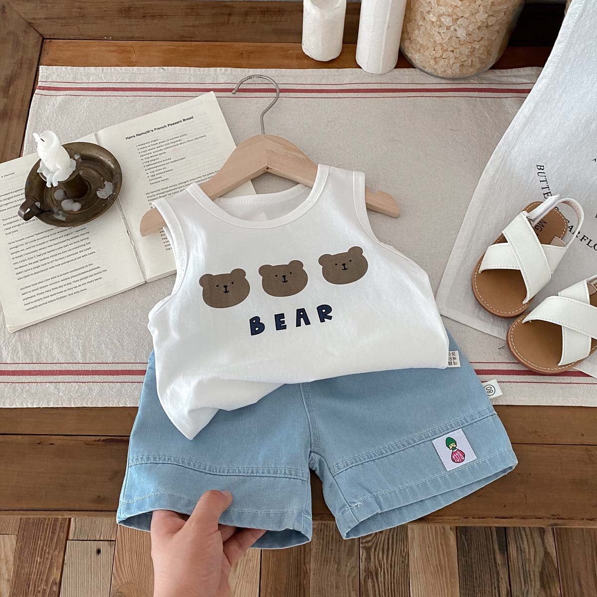 ノースリーブセットアップ ベアくまプリントタンクトップ+ショートパンツセットアップ 2点セット【mh0010319】