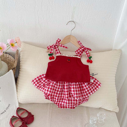 ノースリーブセットアップ チェリーチェックキャミソールトップス+フリルブルマパンツセットアップ 2点セット【mh0010325】