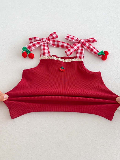 ノースリーブセットアップ チェリーチェックキャミソールトップス+フリルブルマパンツセットアップ 2点セット【mh0010325】