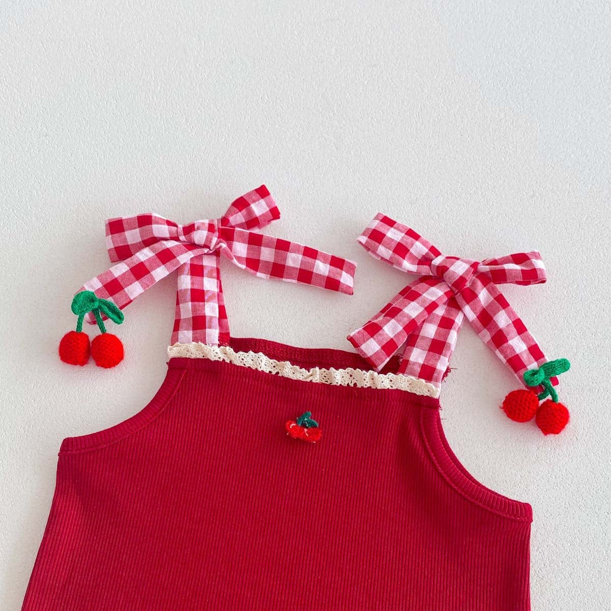 ノースリーブセットアップ チェリーチェックキャミソールトップス+フリルブルマパンツセットアップ 2点セット【mh0010325】