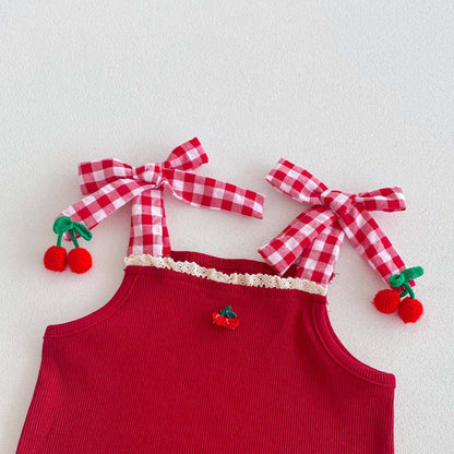 ノースリーブセットアップ チェリーチェックキャミソールトップス+フリルブルマパンツセットアップ 2点セット【mh0010325】