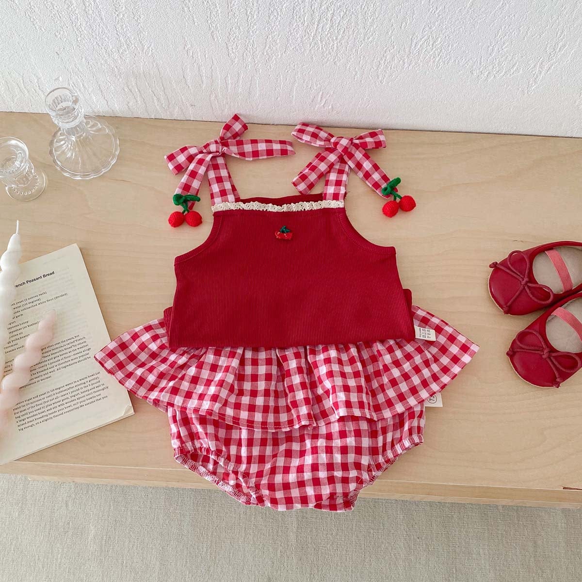 ノースリーブセットアップ チェリーチェックキャミソールトップス+フリルブルマパンツセットアップ 2点セット【mh0010325】