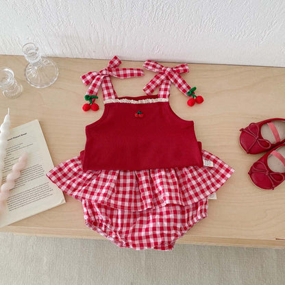 ノースリーブセットアップ チェリーチェックキャミソールトップス+フリルブルマパンツセットアップ 2点セット【mh0010325】