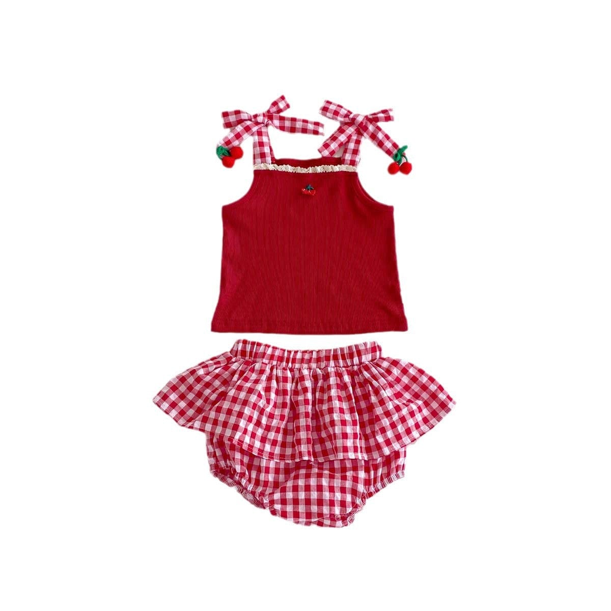 ノースリーブセットアップ チェリーチェックキャミソールトップス+フリルブルマパンツセットアップ 2点セット【mh0010325】