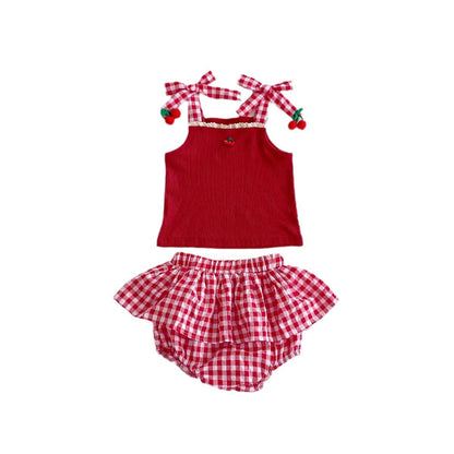 ノースリーブセットアップ チェリーチェックキャミソールトップス+フリルブルマパンツセットアップ 2点セット【mh0010325】