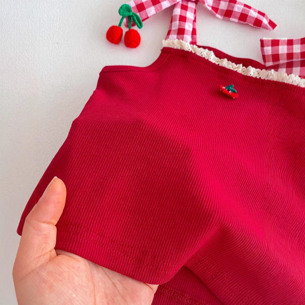 ノースリーブセットアップ チェリーチェックキャミソールトップス+フリルブルマパンツセットアップ 2点セット【mh0010325】