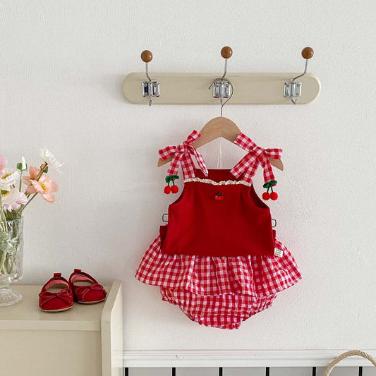 ノースリーブセットアップ チェリーチェックキャミソールトップス+フリルブルマパンツセットアップ 2点セット【mh0010325】