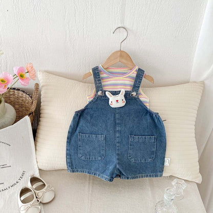 ノースリーブセットアップ レインボータンクトップ+うさ耳しっぽデニムオーバーオールセットアップ 2点セット【mh0010332】