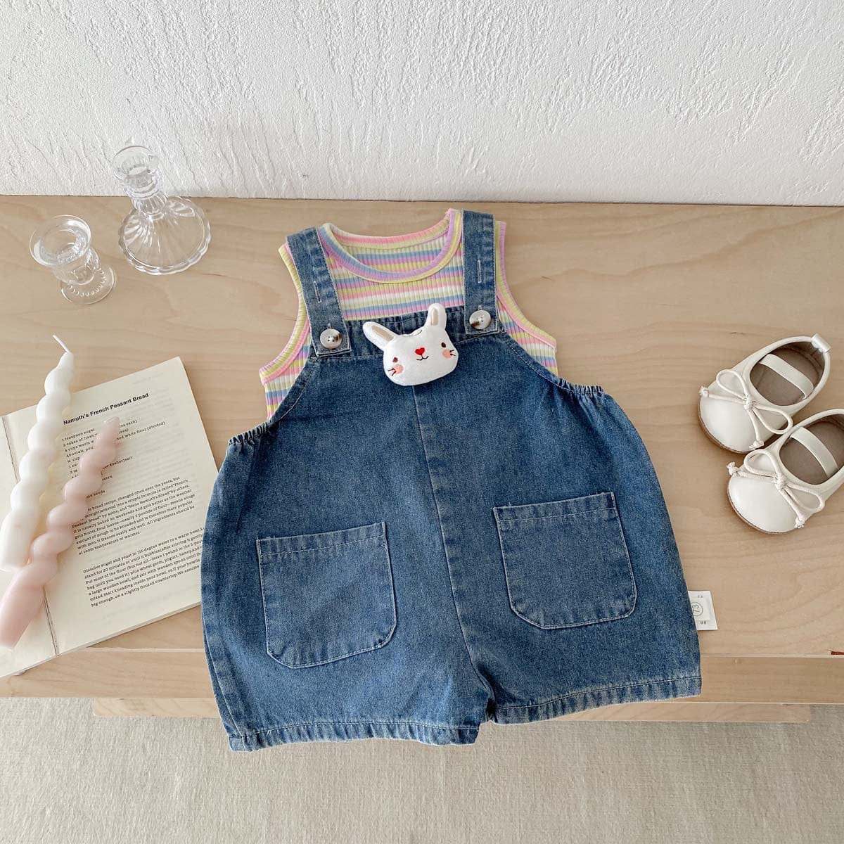 ノースリーブセットアップ レインボータンクトップ+うさ耳しっぽデニムオーバーオールセットアップ 2点セット【mh0010332】