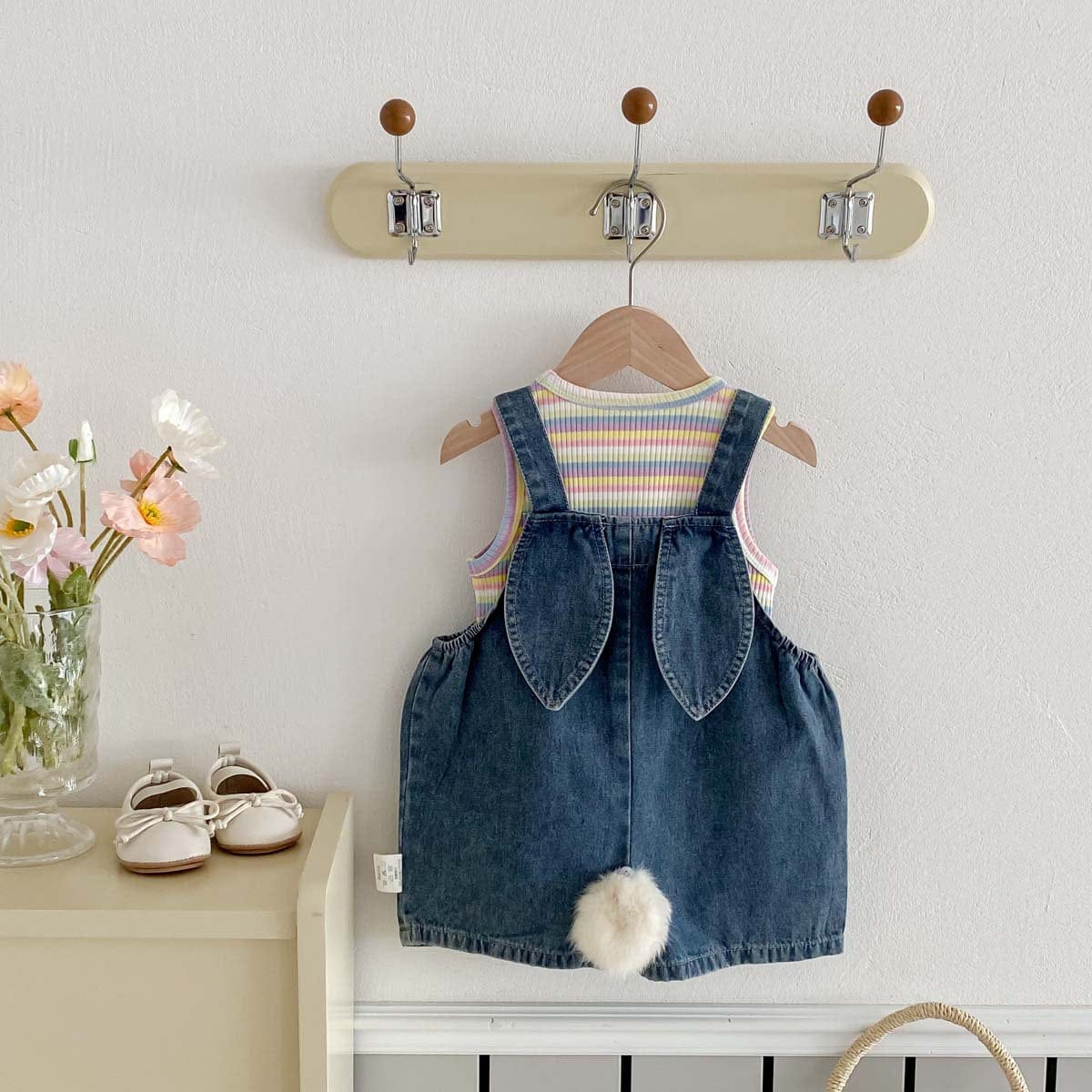 ノースリーブセットアップ レインボータンクトップ+うさ耳しっぽデニムオーバーオールセットアップ 2点セット【mh0010332】