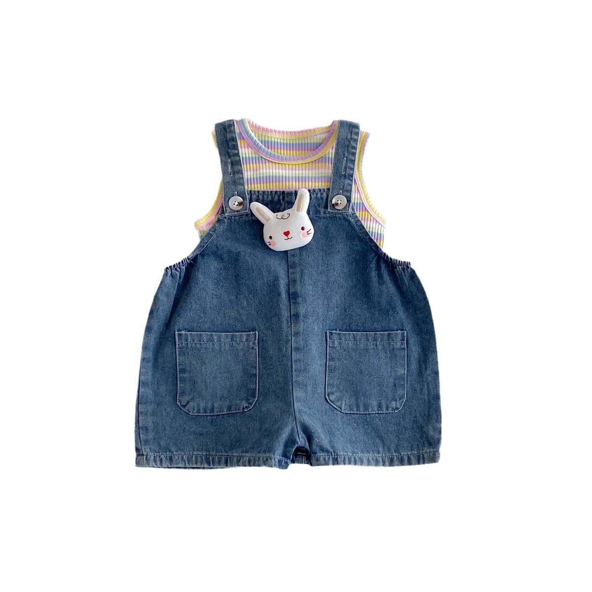 ノースリーブセットアップ レインボータンクトップ+うさ耳しっぽデニムオーバーオールセットアップ 2点セット【mh0010332】