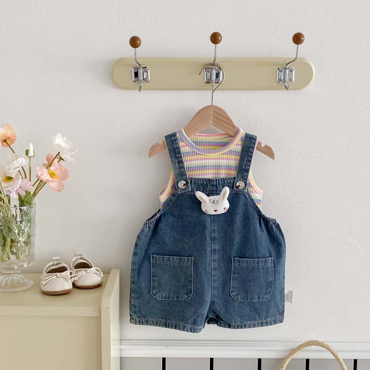 ノースリーブセットアップ レインボータンクトップ+うさ耳しっぽデニムオーバーオールセットアップ 2点セット【mh0010332】