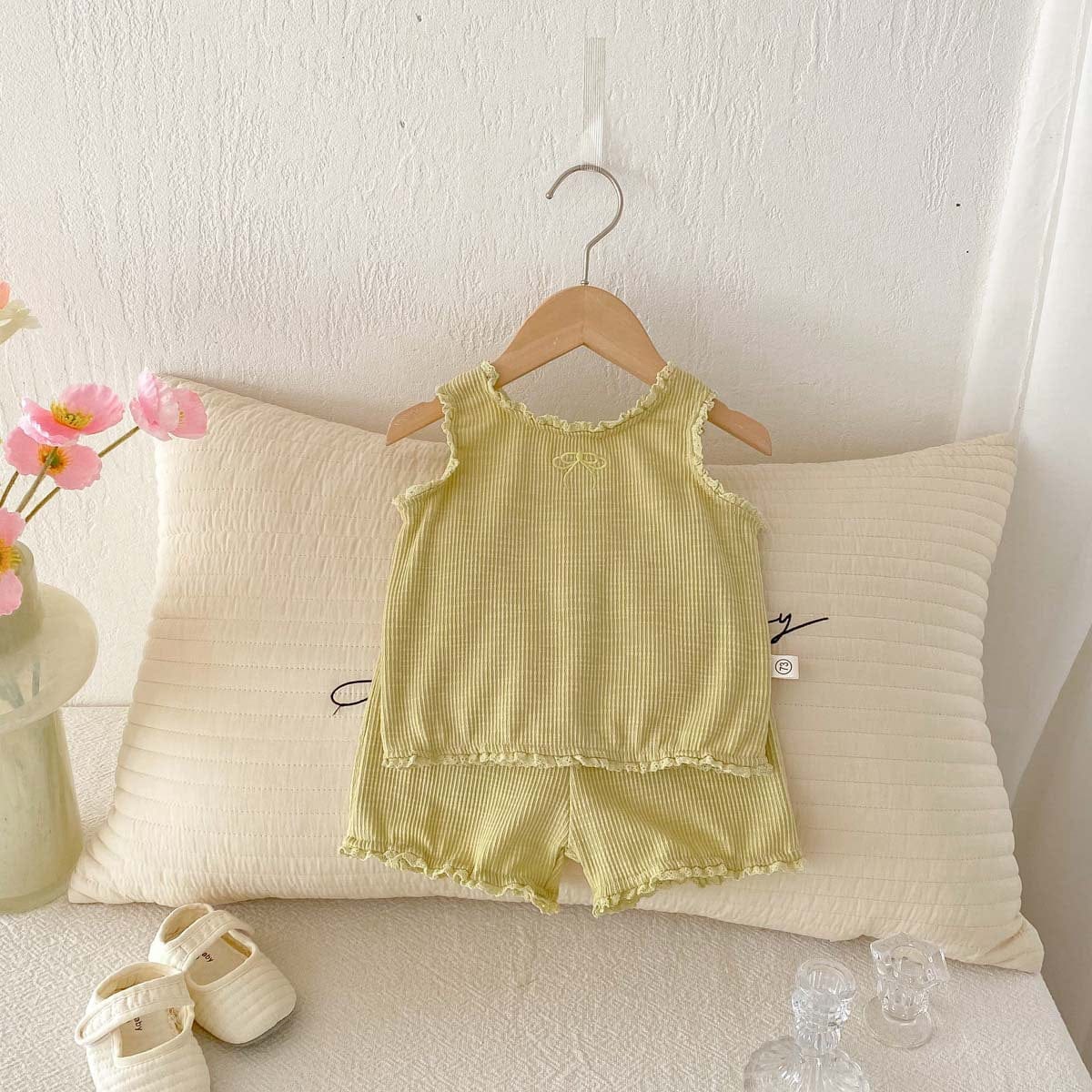 ノースリーブセットアップ リボンフリルタンクトップ+ショートパンツセットアップ 2点セット【mh0010339】