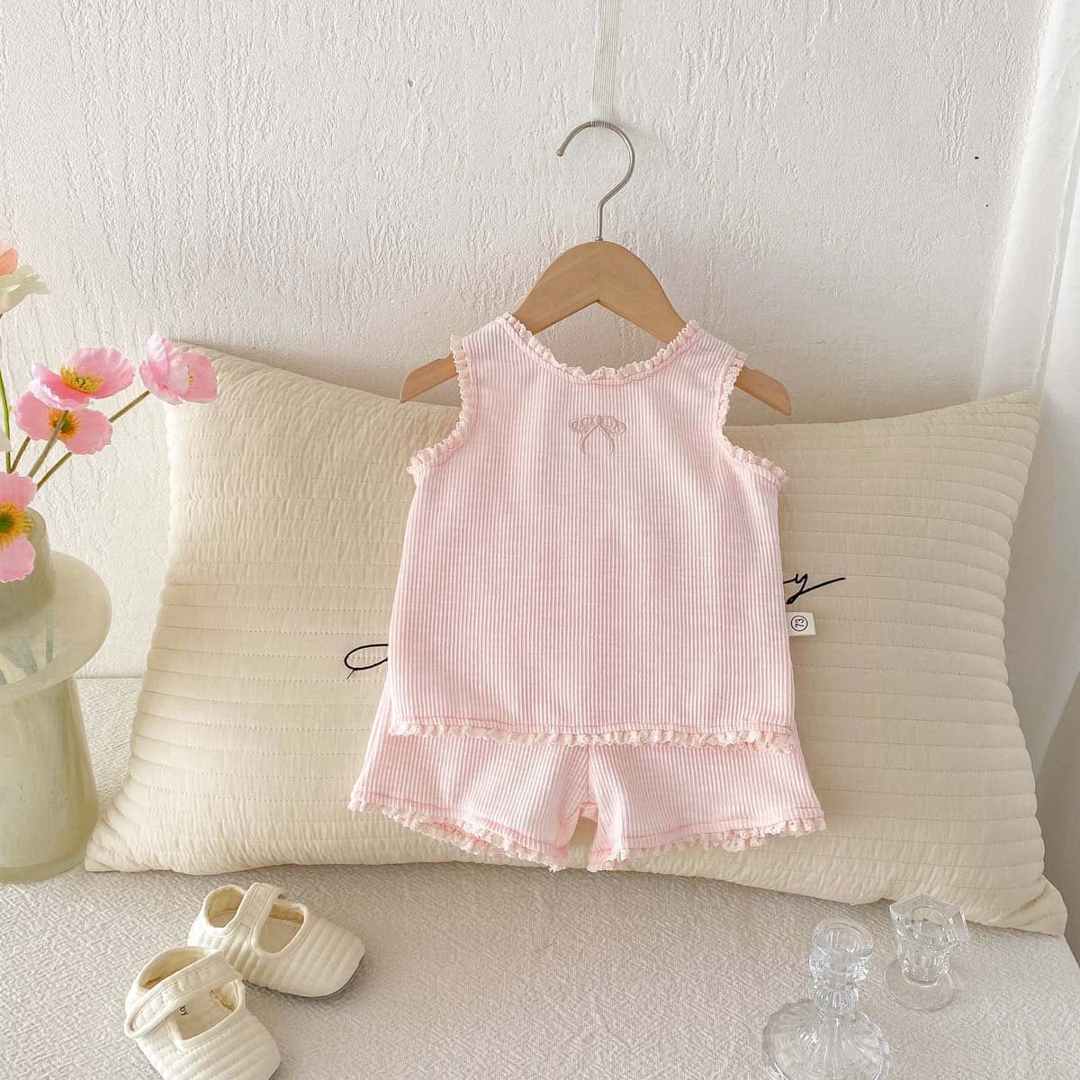 ノースリーブセットアップ リボンフリルタンクトップ+ショートパンツセットアップ 2点セット【mh0010339】