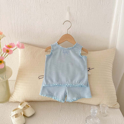 ノースリーブセットアップ リボンフリルタンクトップ+ショートパンツセットアップ 2点セット【mh0010339】
