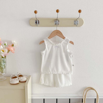 ノースリーブセットアップ リボンフリルタンクトップ+ショートパンツセットアップ 2点セット【mh0010339】