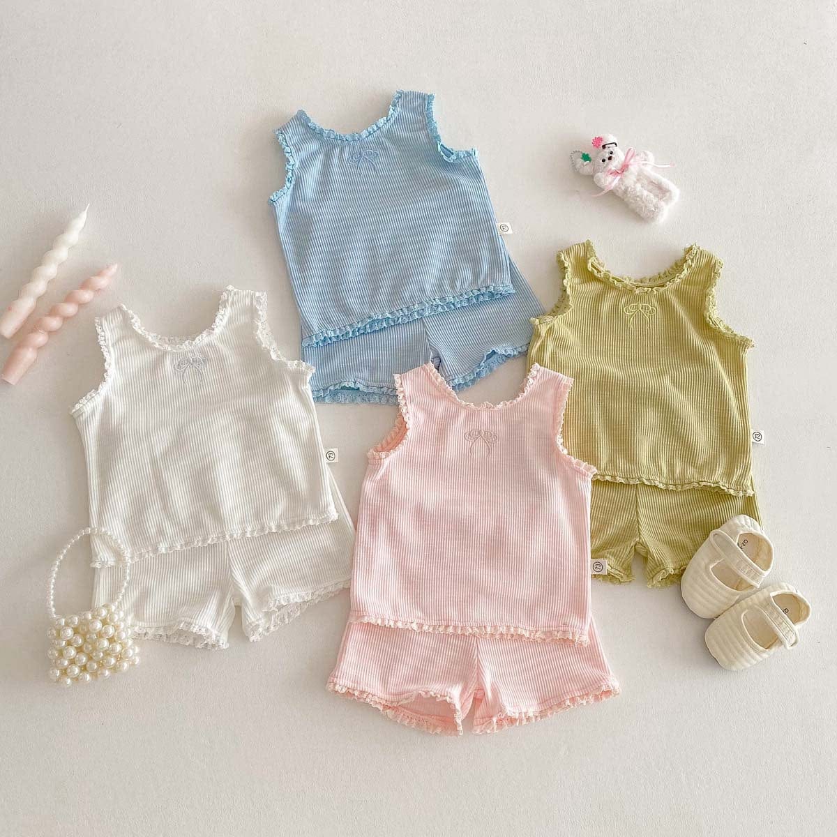 ノースリーブセットアップ リボンフリルタンクトップ+ショートパンツセットアップ 2点セット【mh0010339】