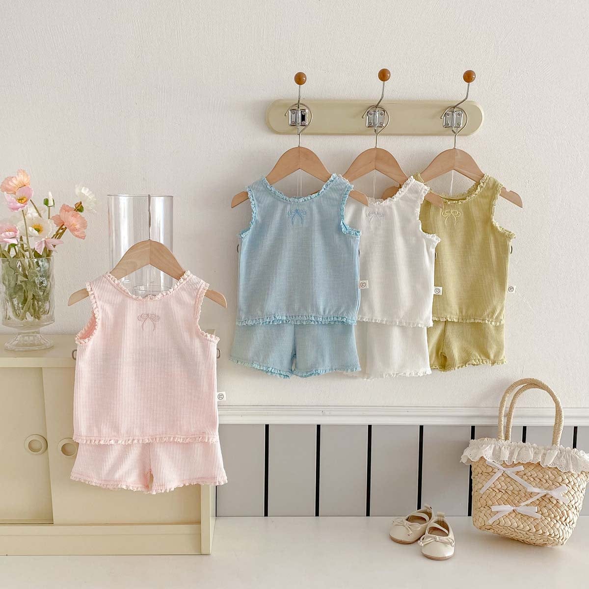 ノースリーブセットアップ リボンフリルタンクトップ+ショートパンツセットアップ 2点セット【mh0010339】