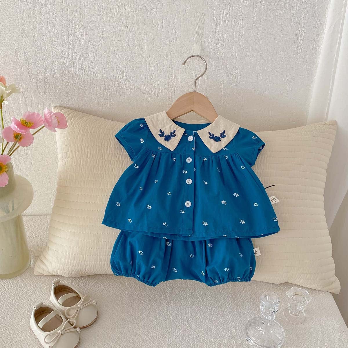 半袖セットアップ フラワー刺繍半袖ブラウス+バルーンショートパンツセットアップ 2点セット【mh0010344】