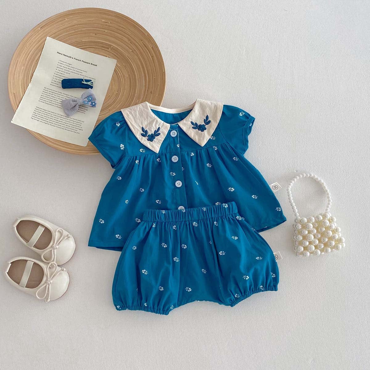 半袖セットアップ フラワー刺繍半袖ブラウス+バルーンショートパンツセットアップ 2点セット【mh0010344】