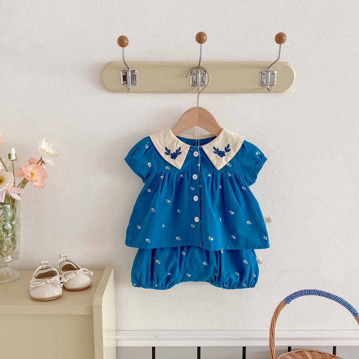 半袖セットアップ フラワー刺繍半袖ブラウス+バルーンショートパンツセットアップ 2点セット【mh0010344】