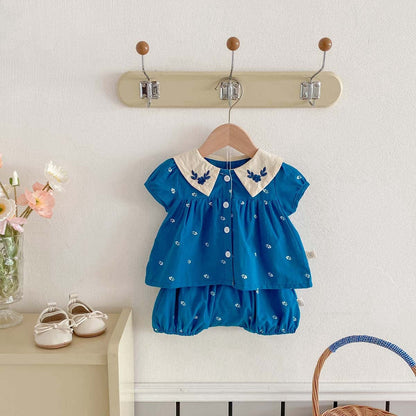 半袖セットアップ フラワー刺繍半袖ブラウス+バルーンショートパンツセットアップ 2点セット【mh0010344】