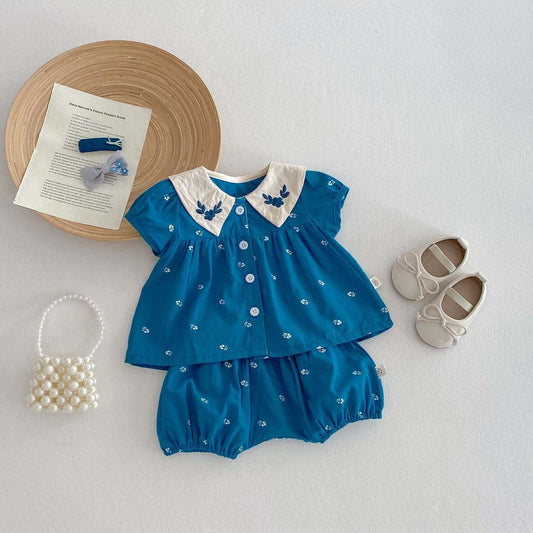 半袖セットアップ フラワー刺繍半袖ブラウス+バルーンショートパンツセットアップ 2点セット【mh0010344】