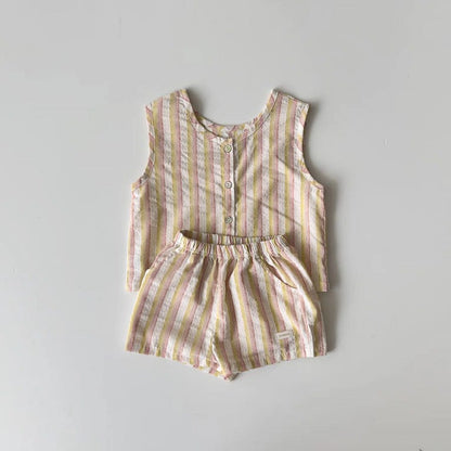 ノースリーブセットアップ ストライプノースリーブシャツ+ショートパンツセットアップ 2点セット【mh0010352】