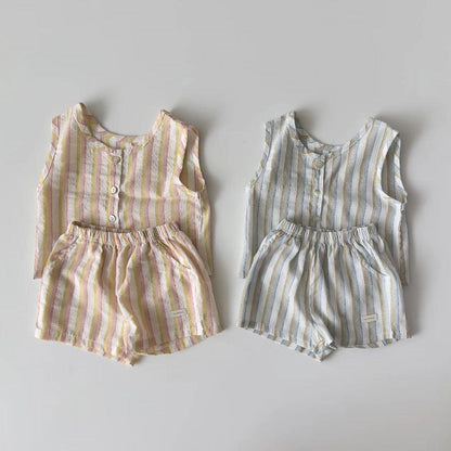 ノースリーブセットアップ ストライプノースリーブシャツ+ショートパンツセットアップ 2点セット【mh0010352】