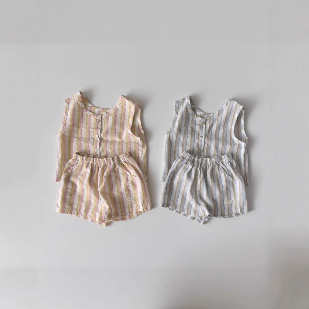 ノースリーブセットアップ ストライプノースリーブシャツ+ショートパンツセットアップ 2点セット【mh0010352】