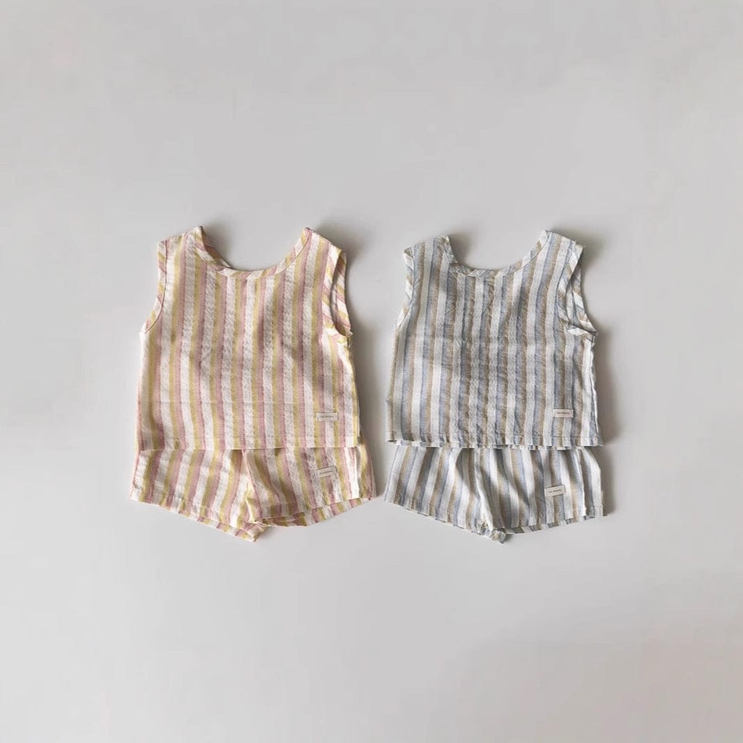ノースリーブセットアップ ストライプノースリーブシャツ+ショートパンツセットアップ 2点セット【mh0010352】